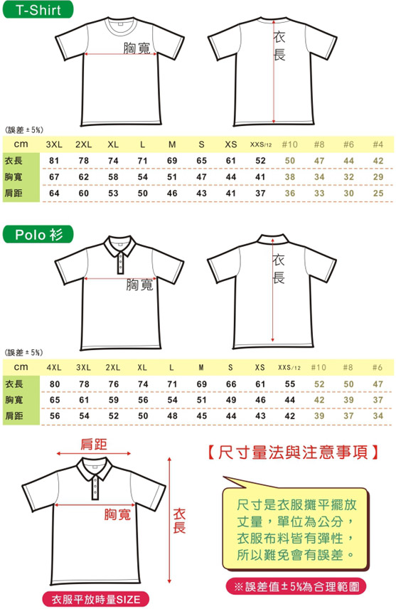 POLO衫 尺寸表 把您平時所穿的衣服平放丈量，再對照此表，選取您適合的尺寸